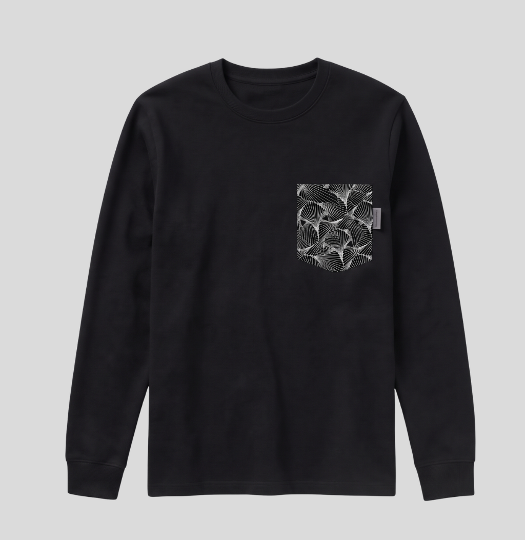 A black long-sleeve crewneck shirt with a patterned chest pocket, shown against a solid gray background.