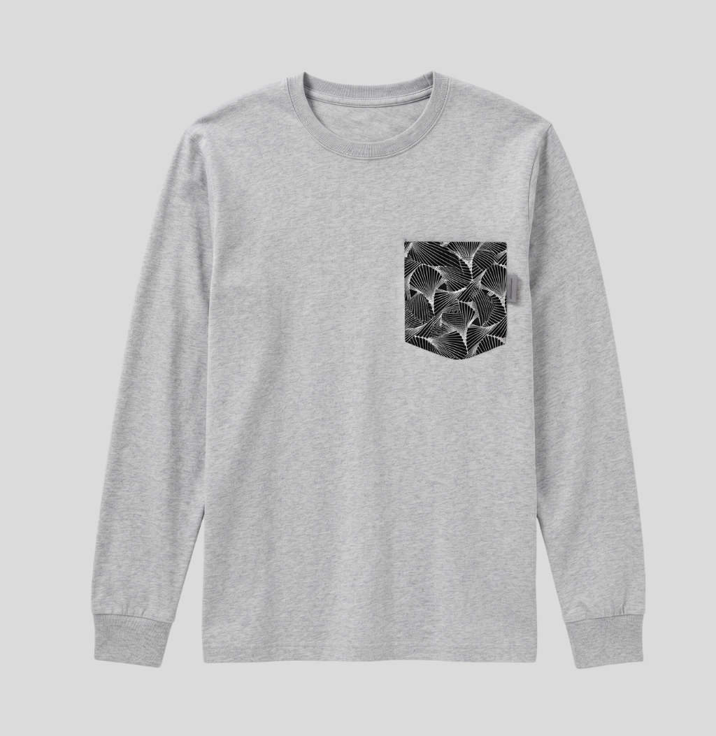 A light heather gray long-sleeve t-shirt with a black and white patterned pocket on the left chest, displayed against a solid light gray background.