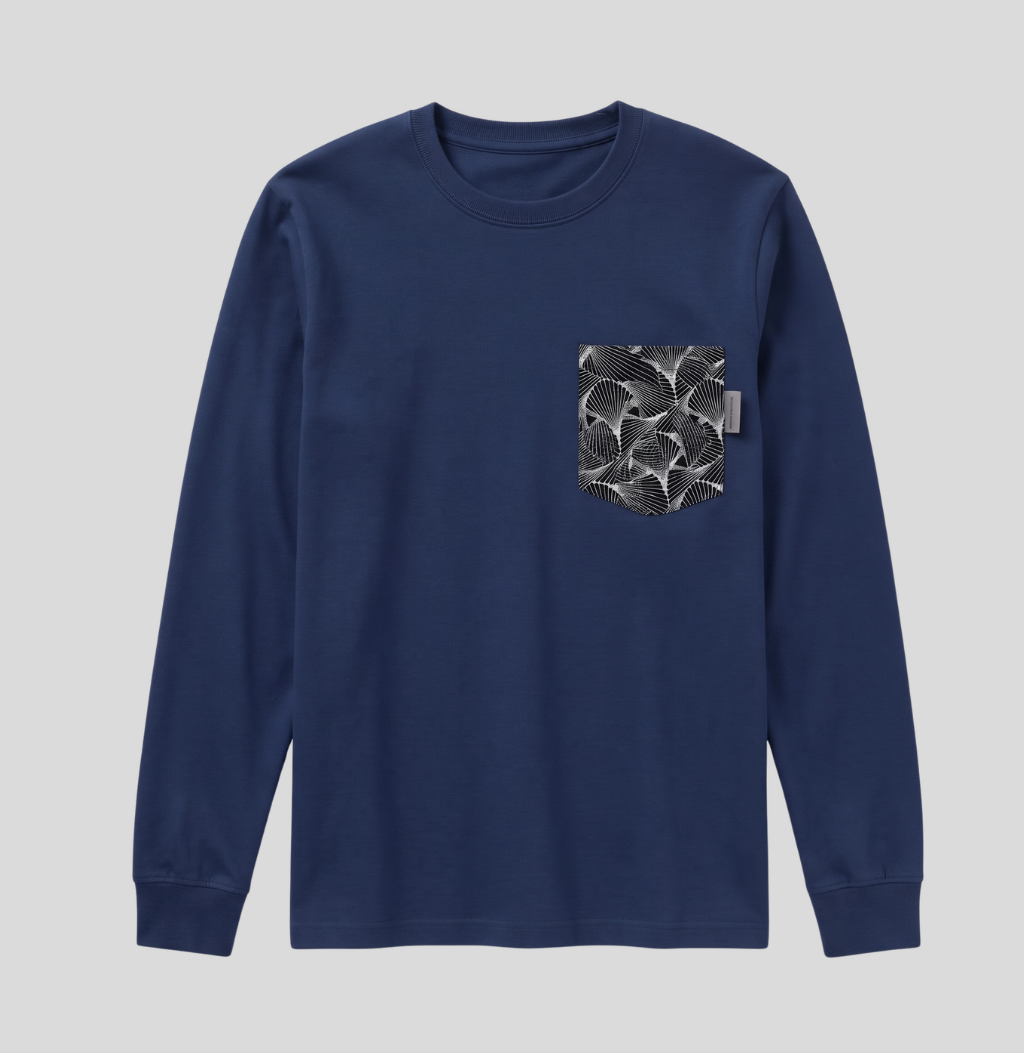A navy blue long-sleeve crewneck shirt with a patterned chest pocket, shown flat against a light gray background.