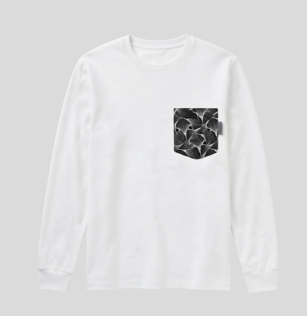 A white long-sleeve crewneck shirt with a black and white geometric patterned chest pocket, shown against a light gray background.