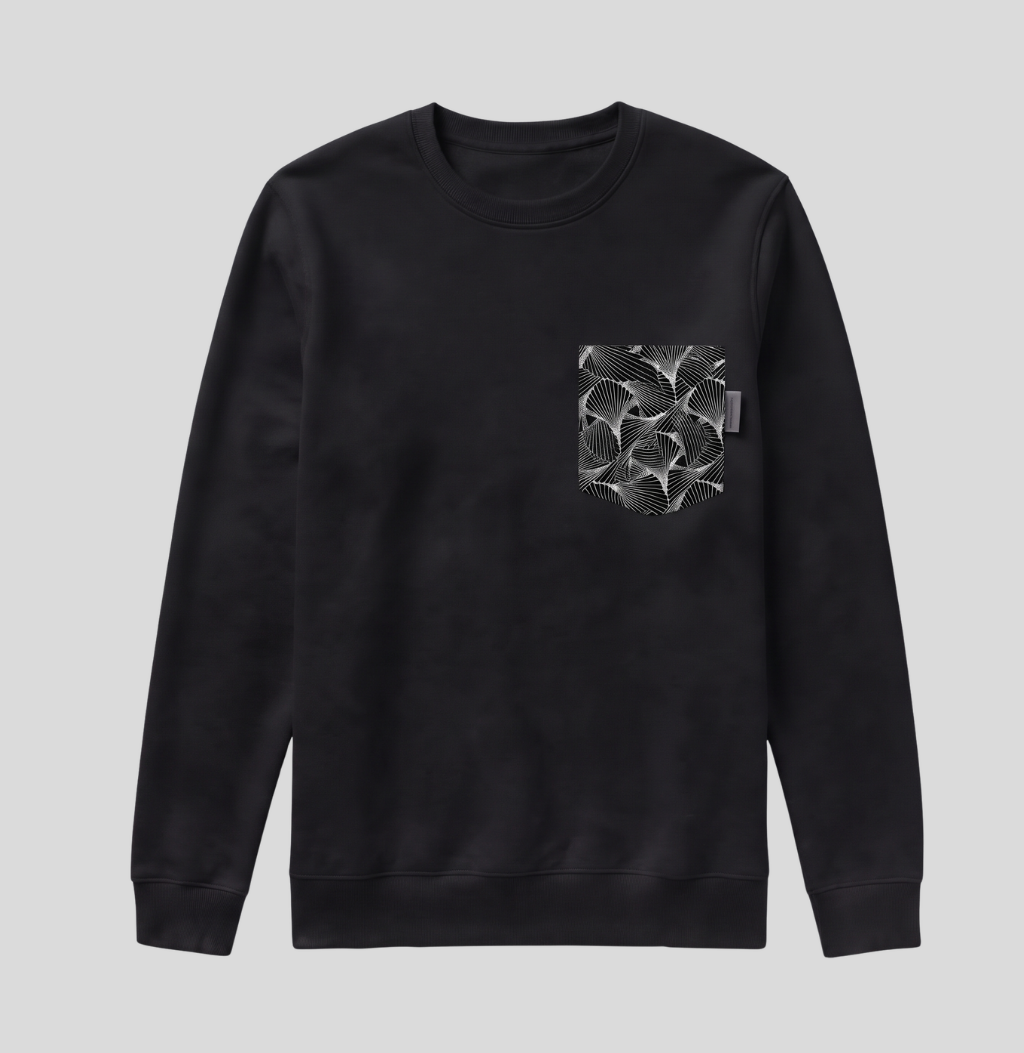 A black crewneck sweatshirt with a chest pocket featuring a silver-gray snake-scale pattern, shown against a solid gray background.