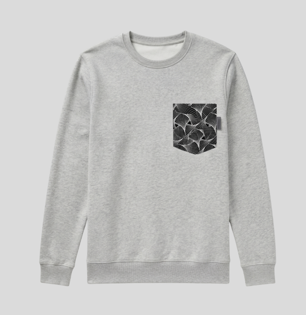 A light heather gray crewneck sweatshirt with a black and white geometric patterned chest pocket, shown against a solid light gray background.