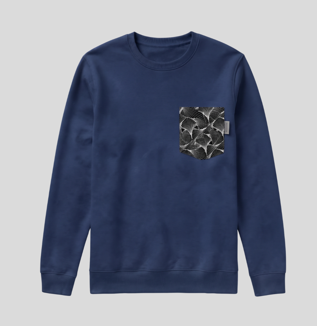 A navy blue crewneck sweatshirt with a patterned chest pocket featuring a black and white snake skin design, shown against a solid gray background.