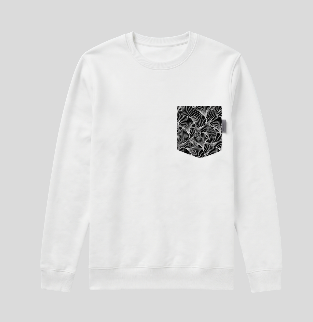 A white crewneck sweatshirt with a black and white patterned pocket on the left chest, displayed against a solid light gray background.