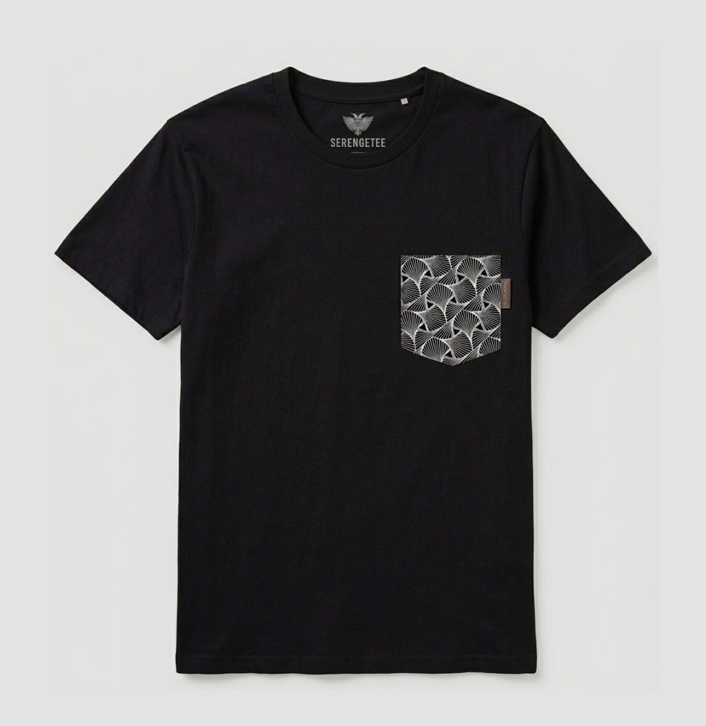 Black shirt with black geometric pocket in abstract shapes from South Africa.
