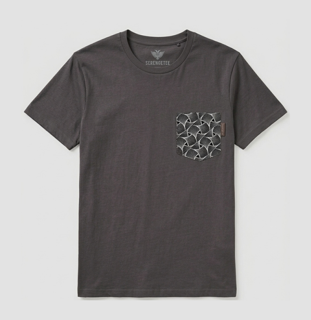 Charcoal shirt with black geometric pocket in abstract shapes from South Africa.