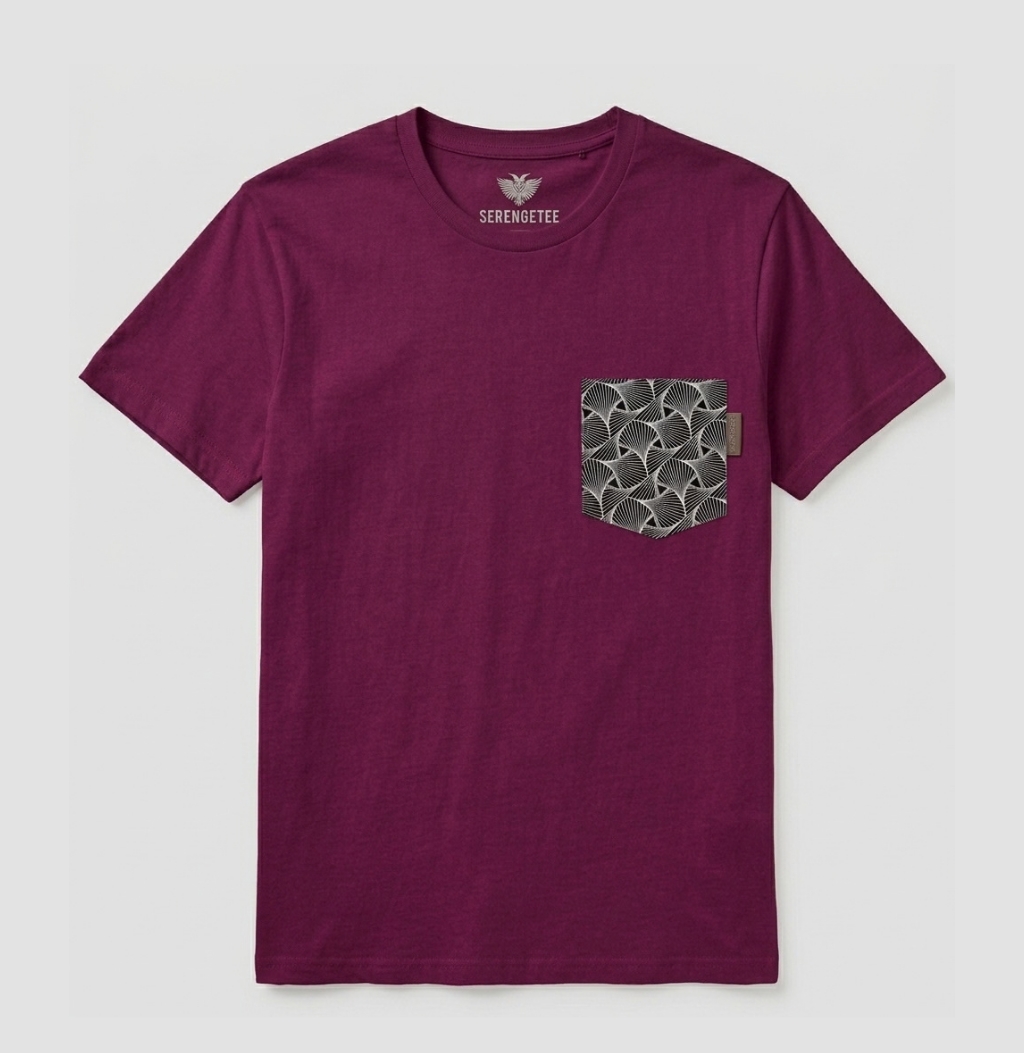 Cranberry shirt with black geometric pocket in abstract shapes from South Africa.