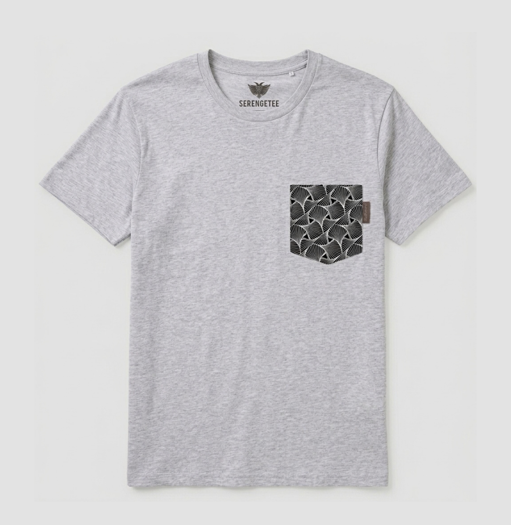Heather shirt with black geometric pocket in abstract shapes from South Africa.