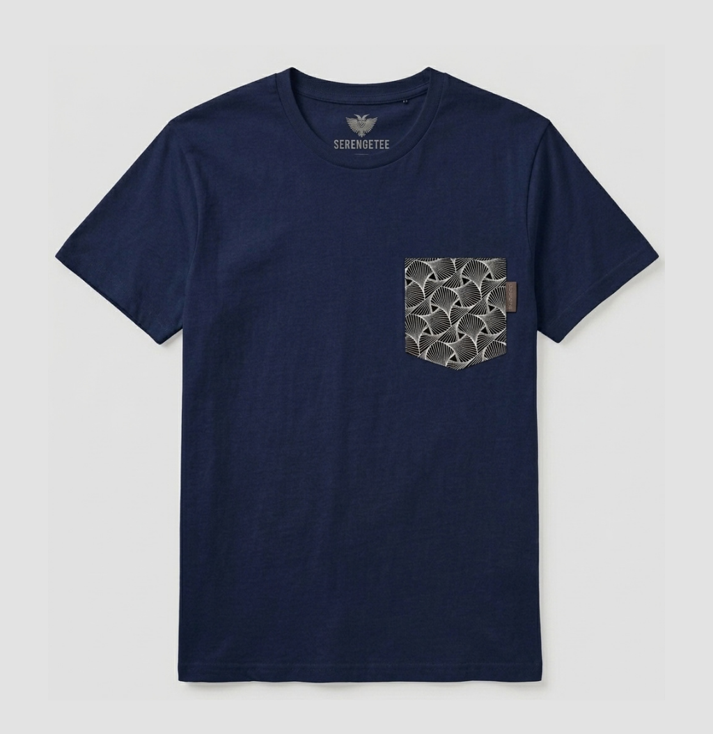 Navy shirt with black geometric pocket in abstract shapes from South Africa.