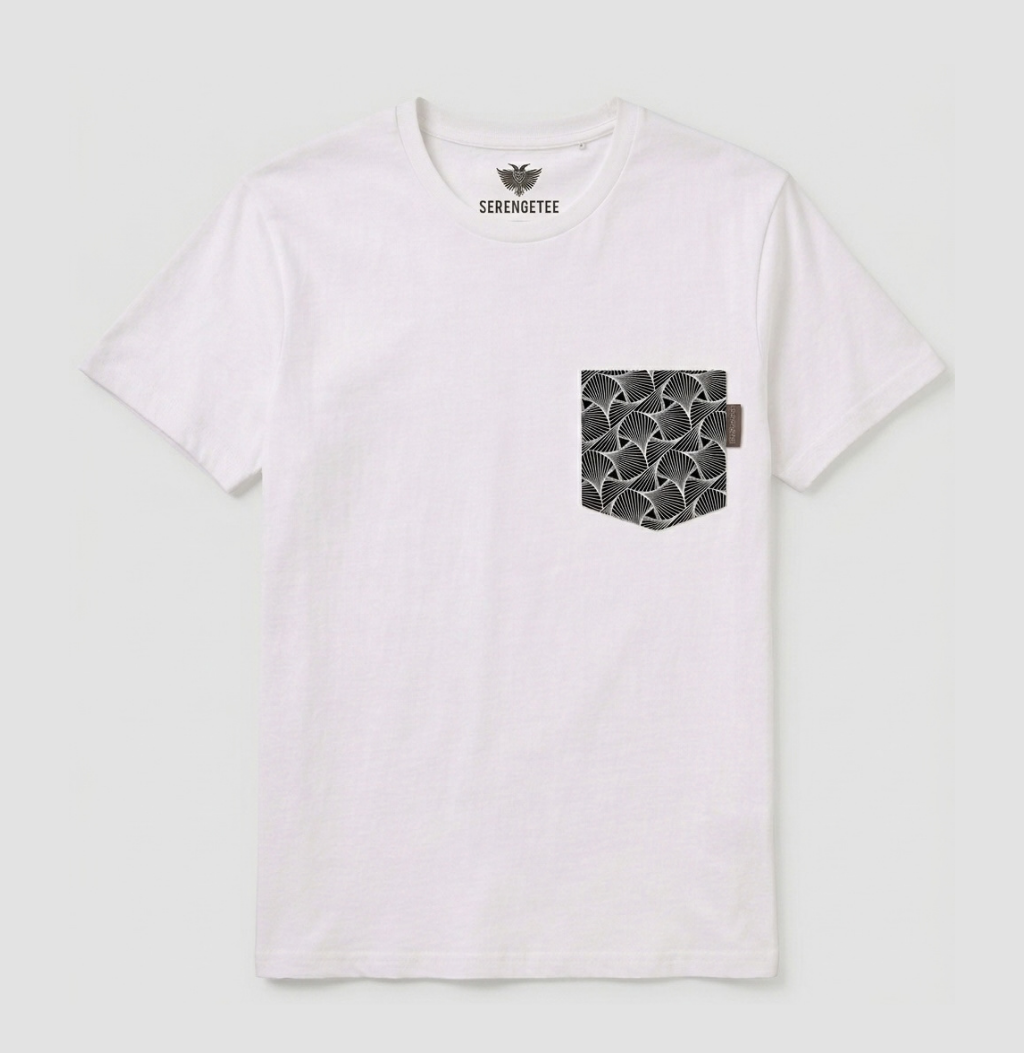 White shirt with black geometric pocket in abstract shapes.