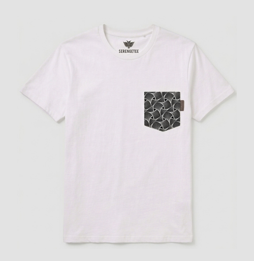 White shirt with black geometric pocket in abstract shapes.