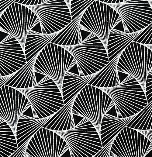 Black and white geometric art deco pattern featuring repeating fan-like radial motifs and triangular shapes.