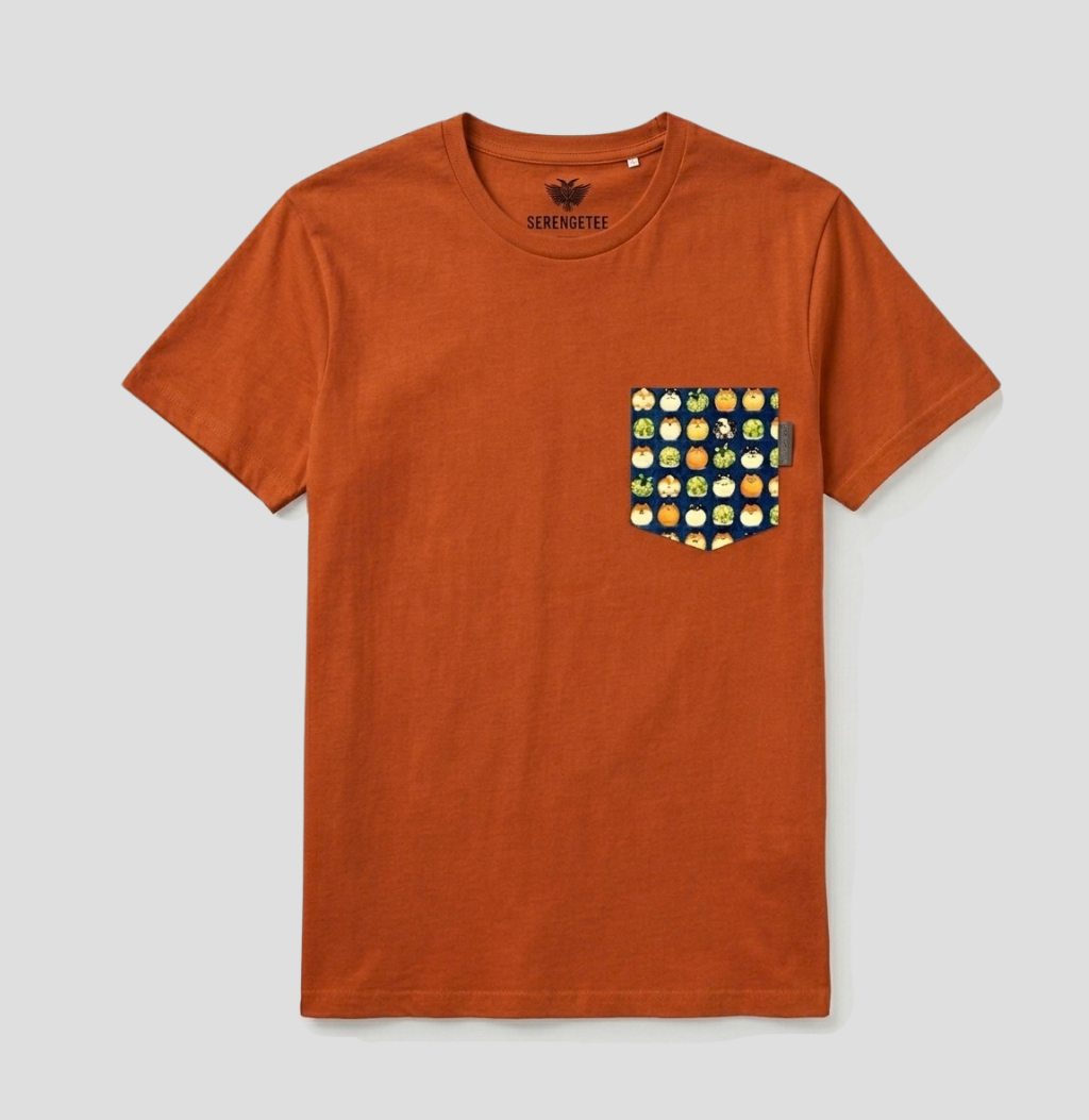 Shiba navy fabric pattern on autumn orange t-shirt