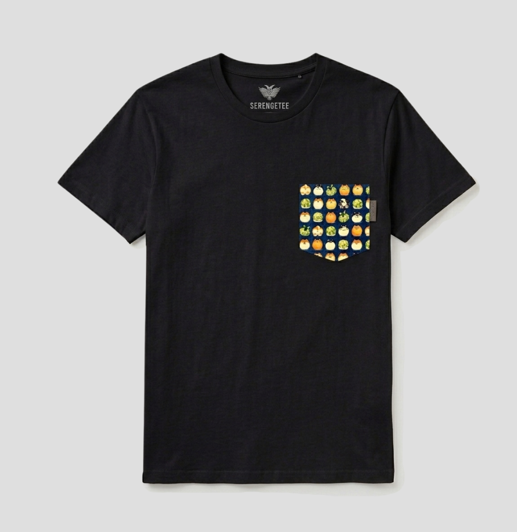 Shiba navy fabric pattern on black t-shirt