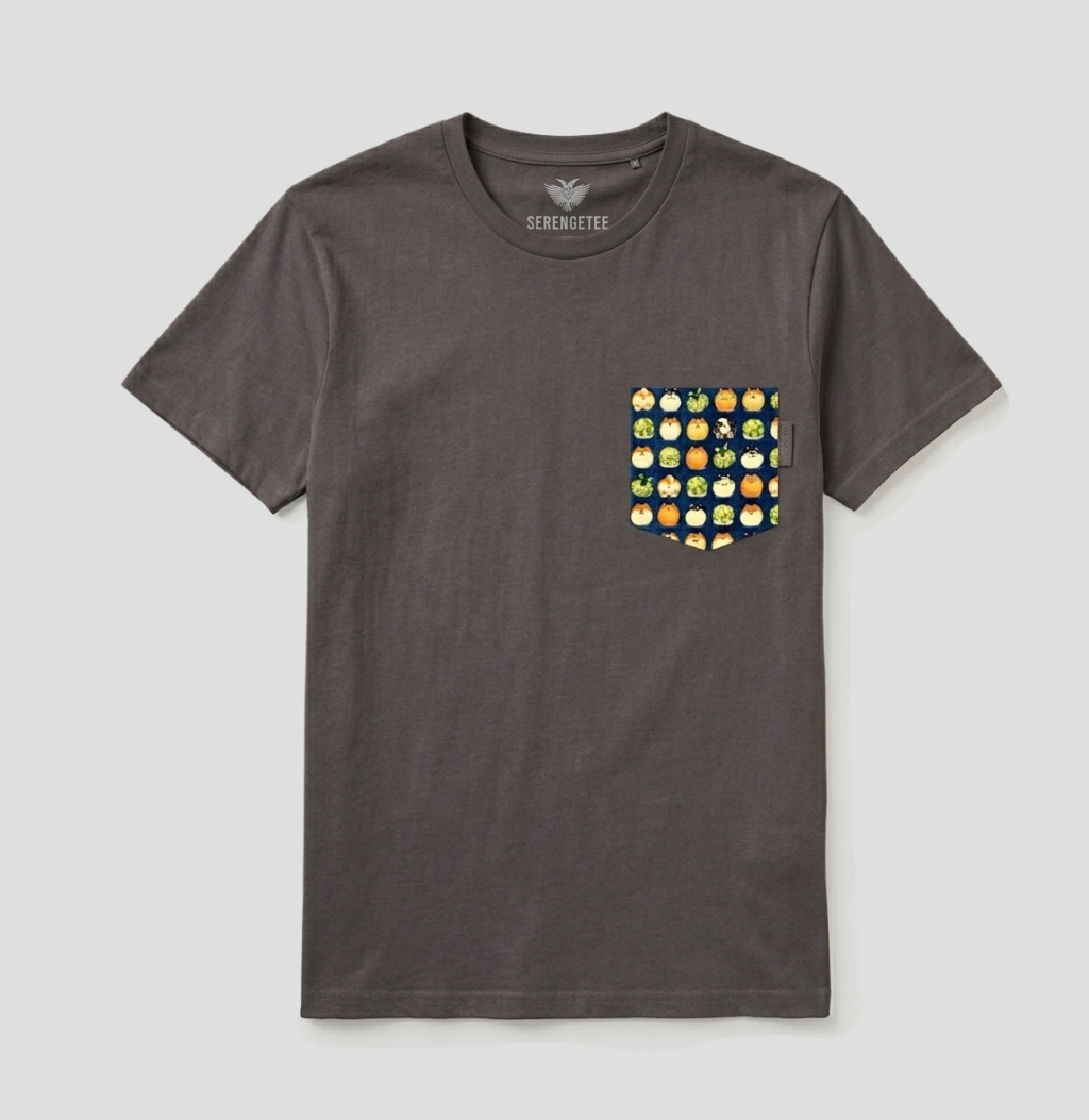 Shiba navy fabric pattern on charcoal t-shirt