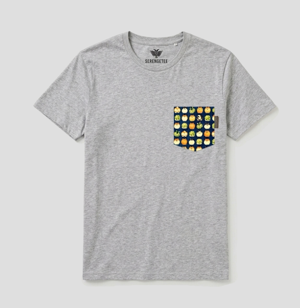 Shiba navy fabric pattern on heather grey t-shirt
