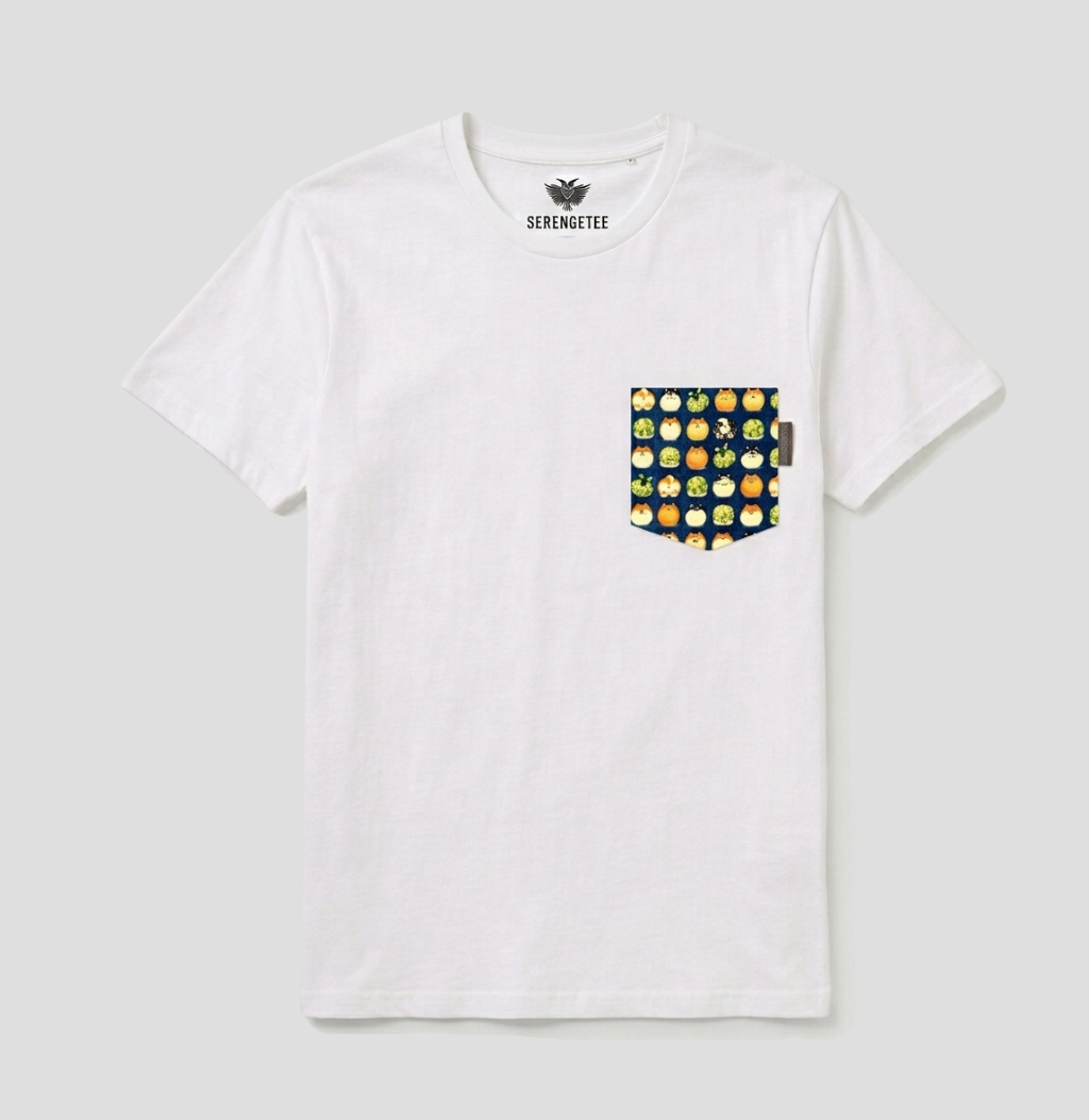 Shiba navy fabric pattern on white t-shirt