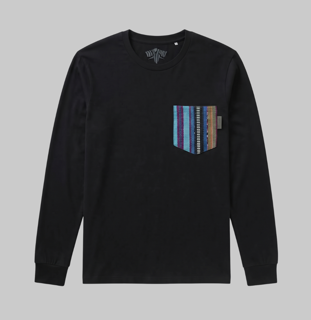 A black long-sleeve crewneck shirt with a multi-colored striped knit chest pocket, shown flat against a solid gray background.