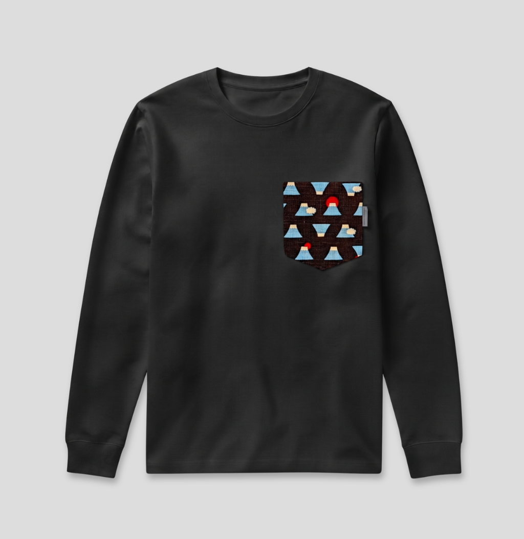 A black long-sleeve crewneck sweatshirt with a geometric triangle pattern chest graphic, displayed on a neutral gray background.