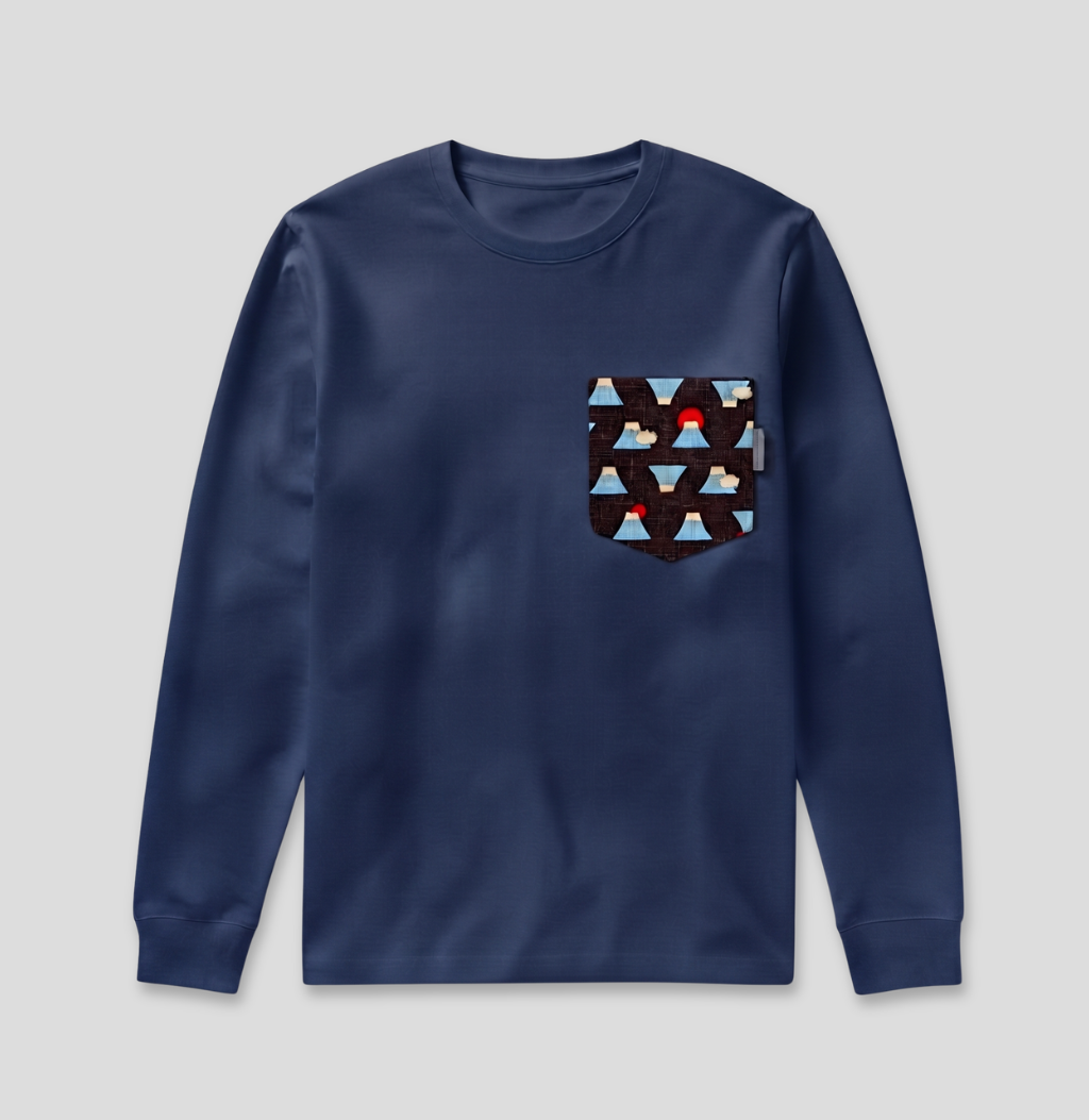 A navy blue long-sleeve crewneck sweatshirt with a geometric patterned chest pocket, shown flat against a light gray background.
