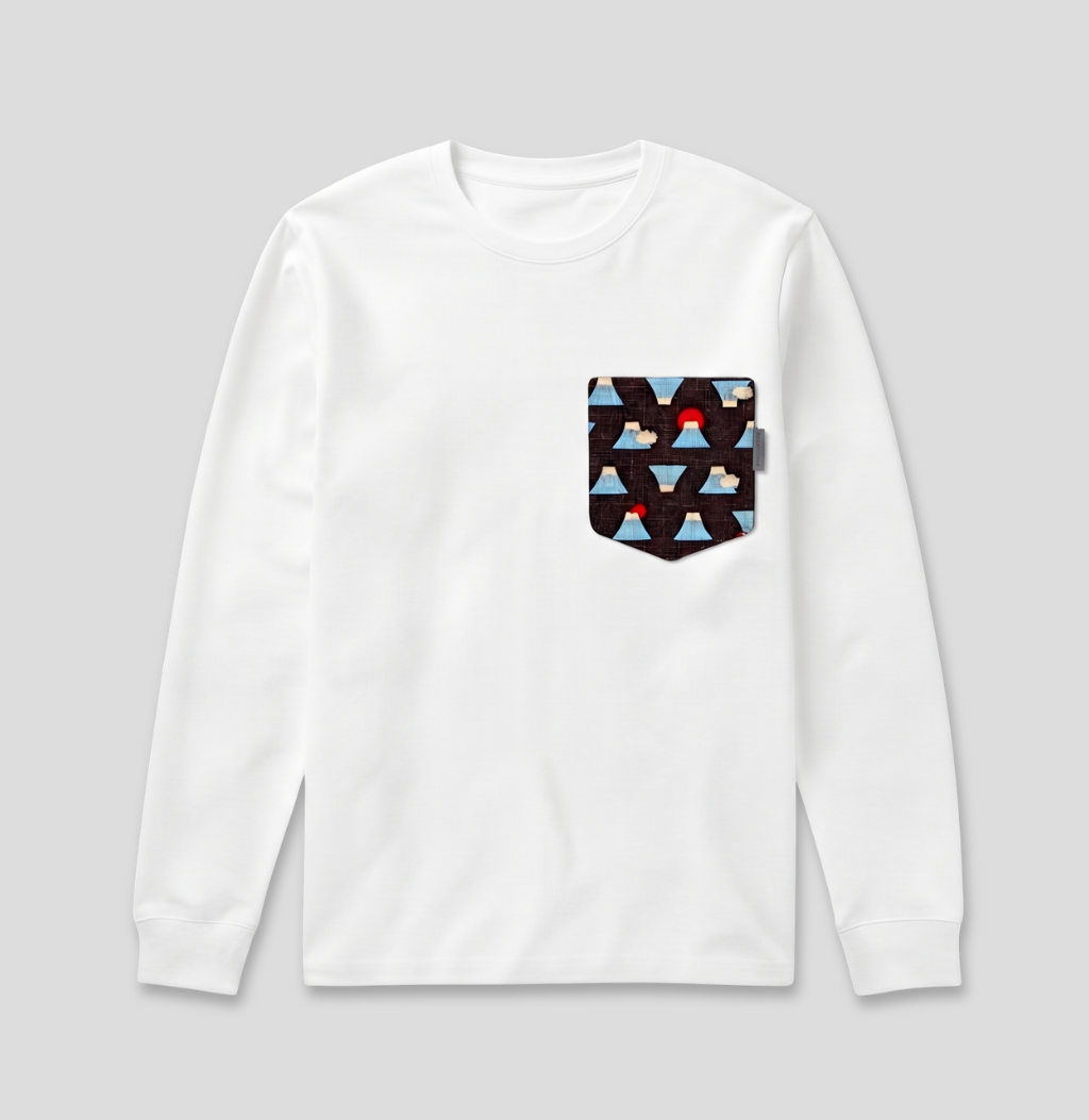 A white long-sleeve crewneck shirt with a chest pocket featuring a geometric pattern of black, light blue, and red triangles, shown against a light gray background.