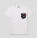 A white short-sleeve crewneck t-shirt by Serenmete, featuring a front chest pocket with a black background and a colorful geometric triangle pattern in blue, red, and beige.