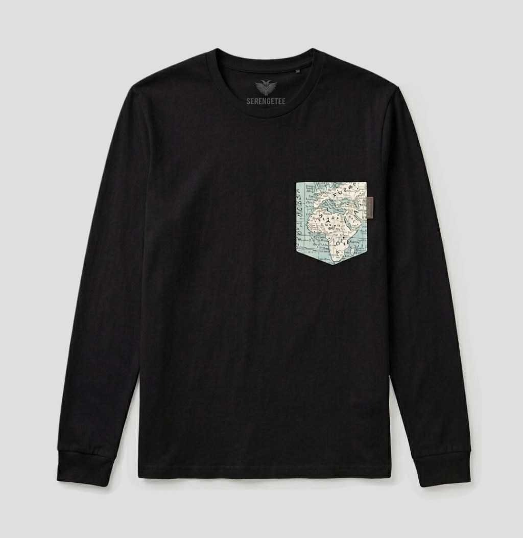 A black long-sleeve t-shirt with a chest pocket featuring a vintage-style map print of Africa in muted blue, beige, and white tones. The brand name 'SUBTITLES' is printed inside the collar.
