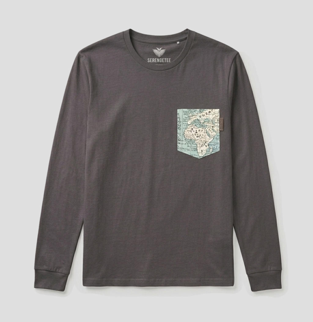 A dark gray long-sleeve t-shirt with a chest pocket featuring a vintage-style map print of Africa in muted blue and beige tones. The brand name 'SABINETTE' is printed inside the collar.