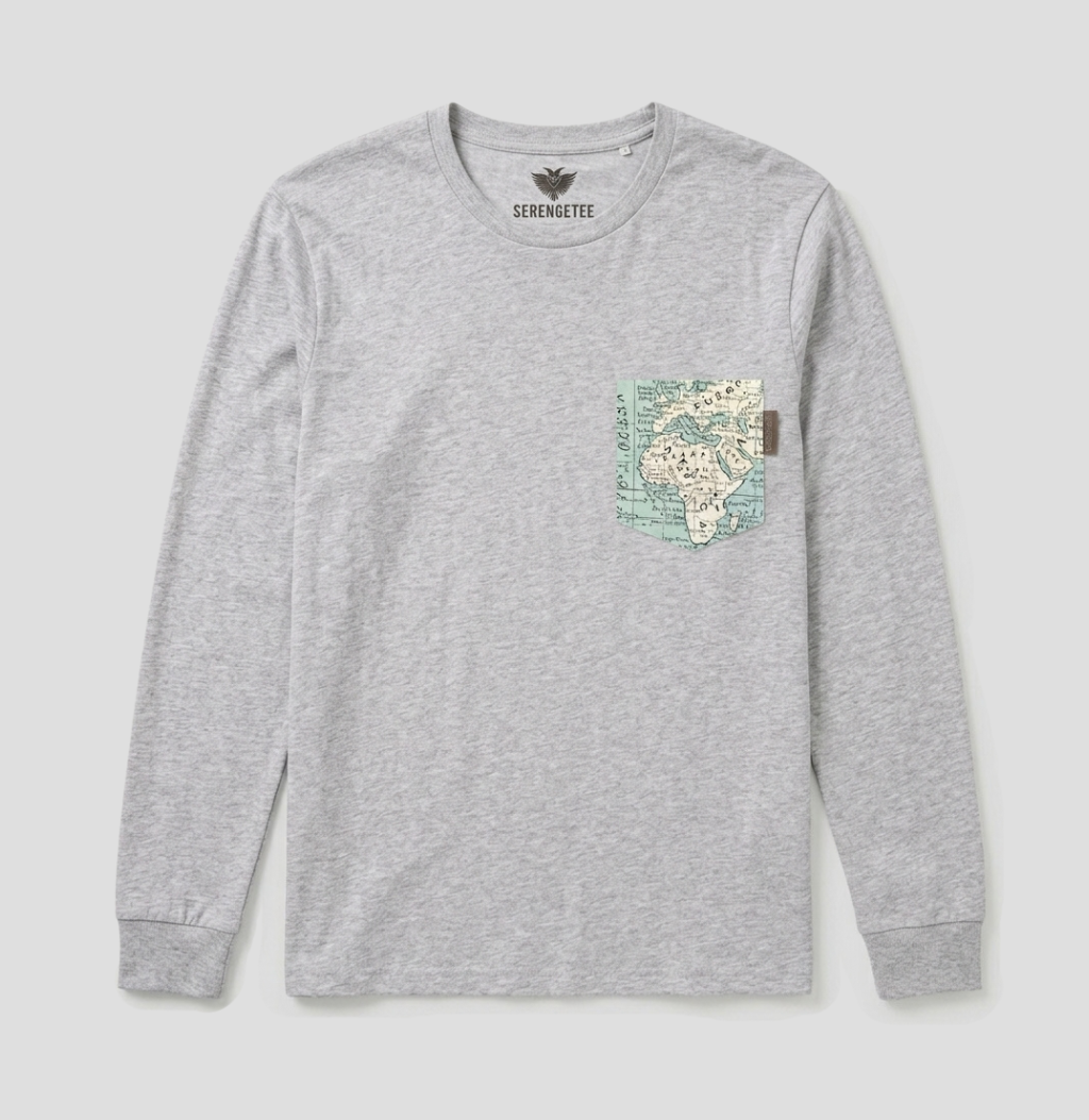 A light gray heather long-sleeve t-shirt with a chest pocket featuring a vintage map graphic and a small brown leather brand tab, shown on a neutral light gray background.