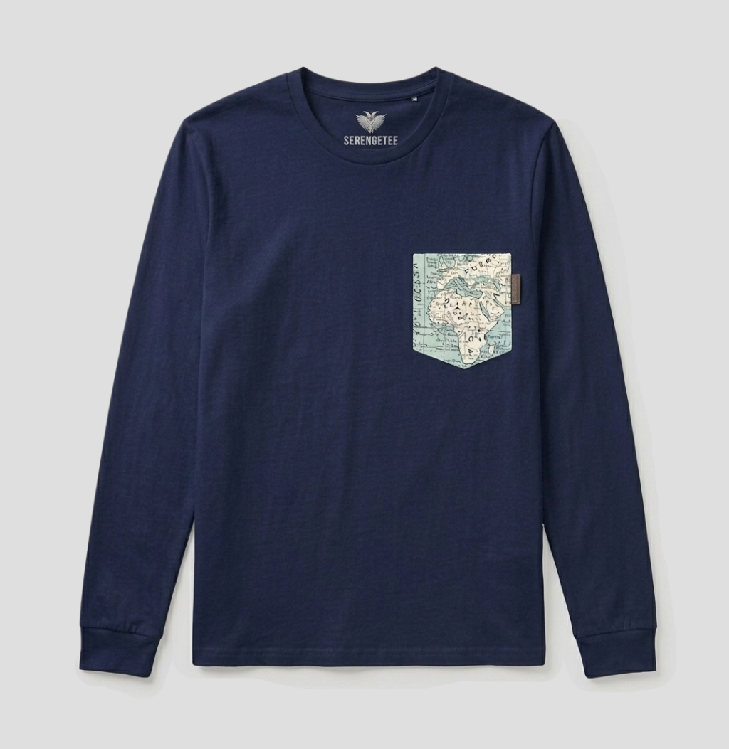 A navy blue long-sleeve t-shirt with a graphic map print pocket on the left chest, shown flat on a light gray background. The brand name 'SIRIOMETE' is printed inside the collar.