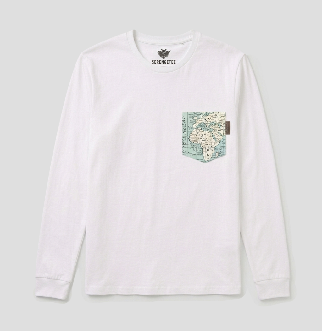 A white long-sleeve crewneck t-shirt by Serpentine, featuring a graphic map print on the left chest pocket and a black brand logo printed inside the collar.