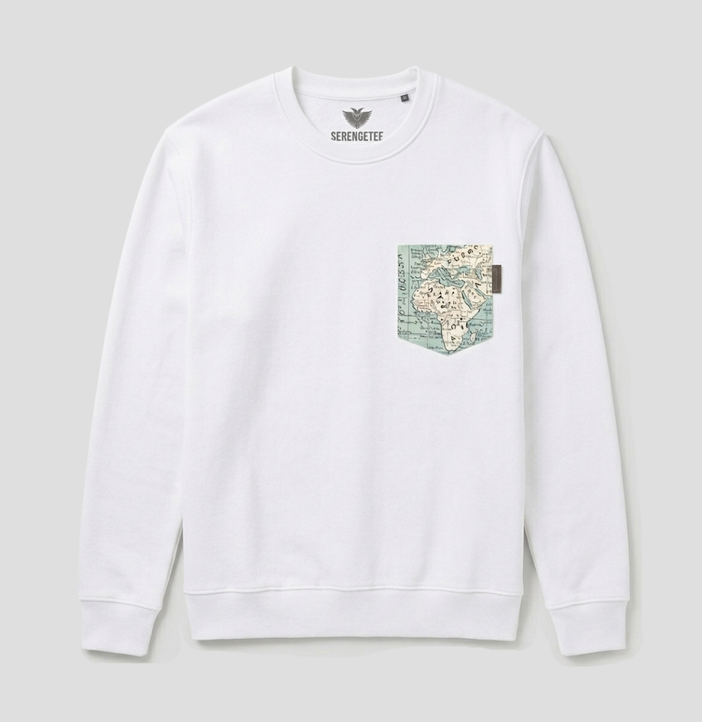 A white crewneck sweatshirt by Serengette, featuring a graphic map print on a pocket on the left chest, displayed against a light gray background.