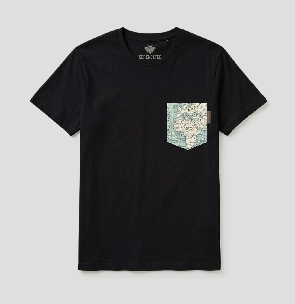 A black short-sleeve pocket t-shirt by Sabino Fulle, featuring a graphic map print on the chest pocket, displayed against a light gray background.
