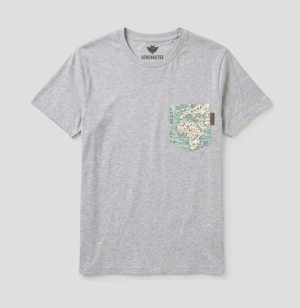 A light gray heather crewneck t-shirt with a chest pocket featuring a vintage-style map graphic in muted green, beige, and blue tones. The brand name 'SERENETEE' is printed inside the collar.