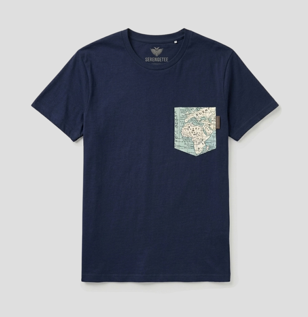 A navy blue crewneck t-shirt with a graphic map print on the left chest pocket, displayed flat against a light gray background.