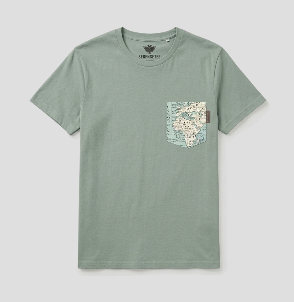 A sage green short-sleeve t-shirt with a map graphic on the chest pocket, displayed flat against a light gray background. The brand name 'SERMONETRO' is printed inside the collar.