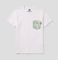 A white short-sleeve crewneck t-shirt by Serenatree, featuring a small graphic pocket on the left chest with a vintage map print in teal and beige, and the brand name 'SERENATREE' printed inside the collar.