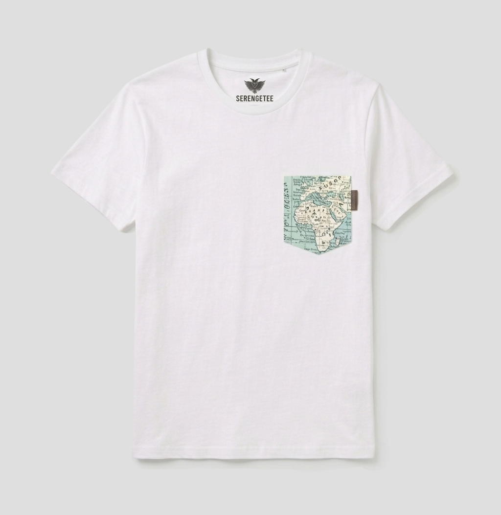 A white short-sleeve crewneck t-shirt by Serenatree, featuring a small graphic pocket on the left chest with a vintage map print in teal and beige, and the brand name 'SERENATREE' printed inside the collar.