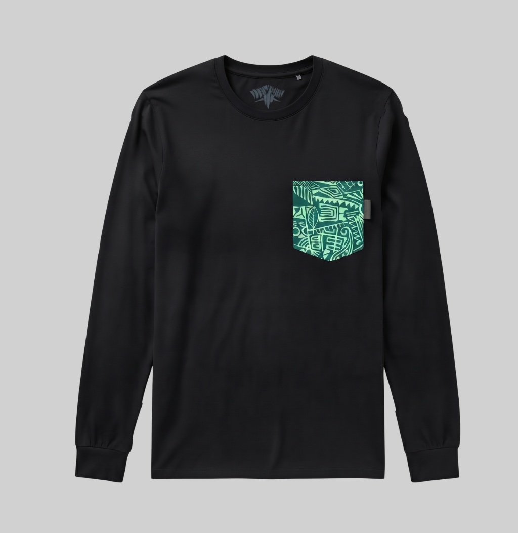 A black long-sleeve crewneck shirt with a patterned teal pocket on the left chest, displayed against a solid gray background.