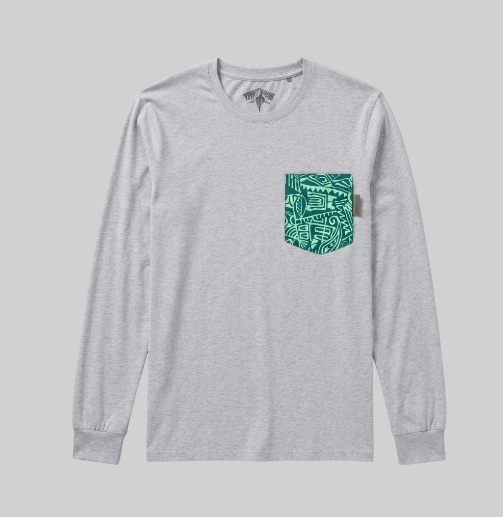 A light heather gray long-sleeve t-shirt with a green patterned chest pocket, displayed flat against a solid gray background.