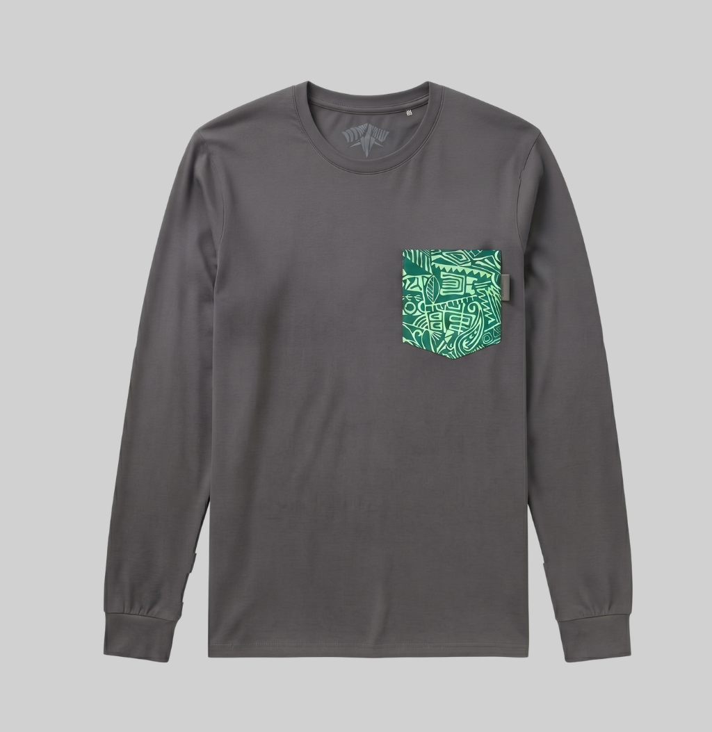 A dark gray long-sleeve crewneck t-shirt with a green graphic patterned chest pocket, displayed flat against a light gray background.