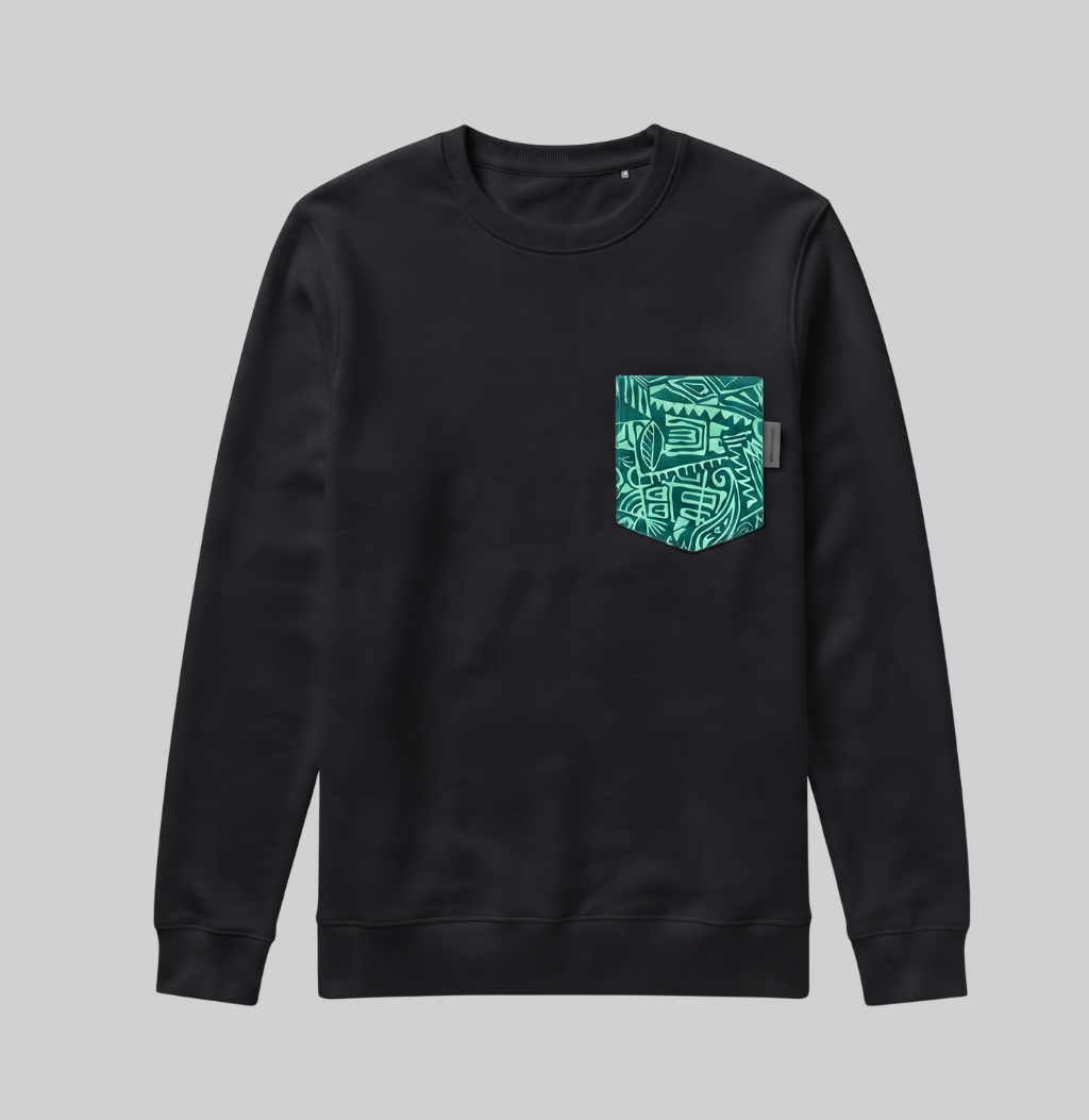 A black crewneck sweatshirt with a patterned teal pocket on the left chest, displayed against a solid gray background.