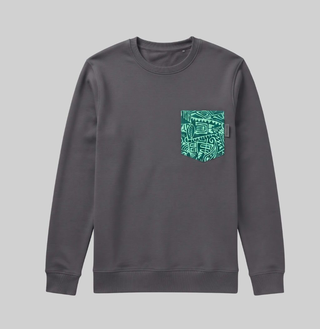 A dark gray crewneck sweatshirt with a patterned teal pocket on the left chest, shown against a solid gray background.