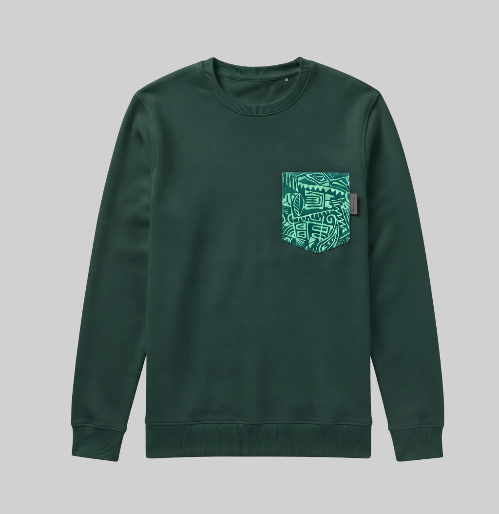 A dark green crewneck sweatshirt with a patterned chest pocket, displayed flat against a solid gray background.
