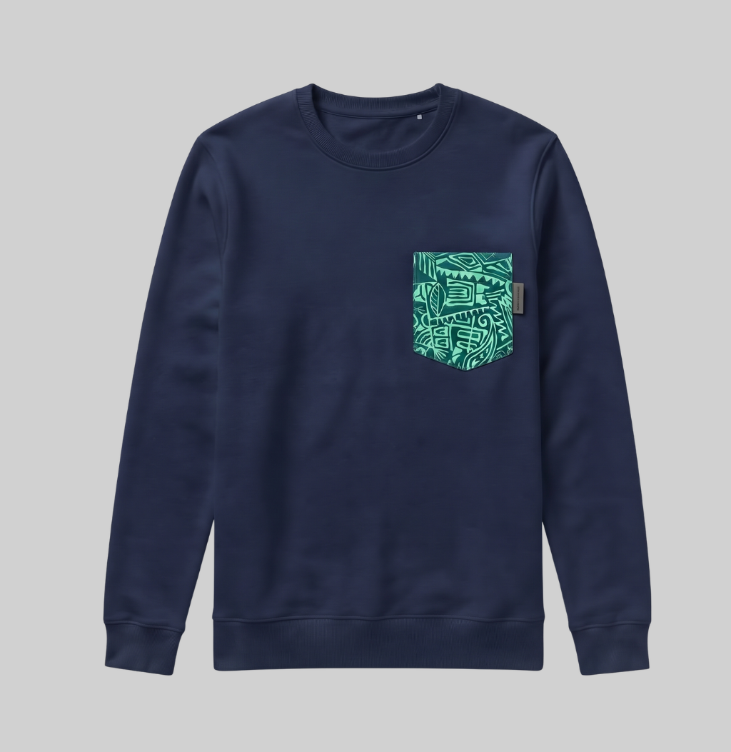 A navy blue crewneck sweatshirt with a chest pocket featuring a green and white geometric pattern, shown against a solid gray background.