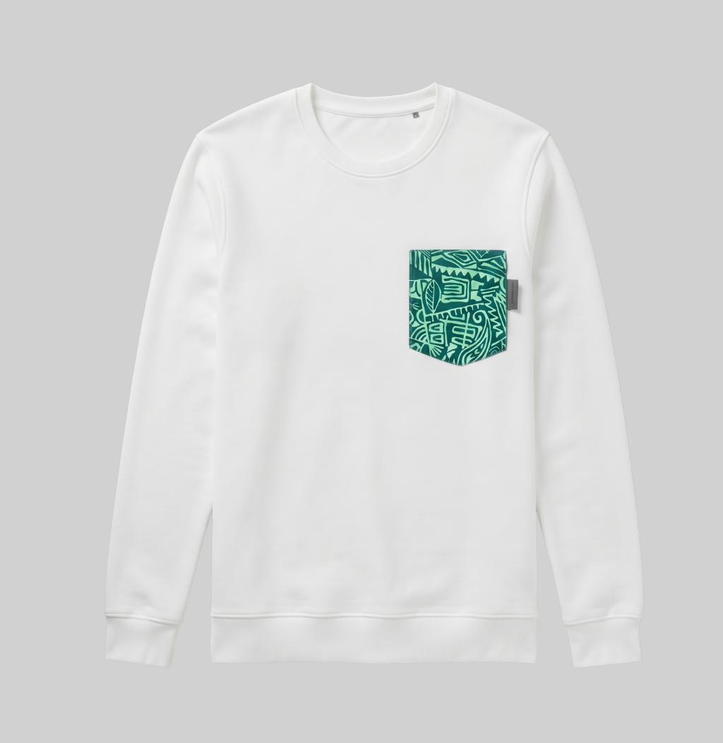 A white crewneck sweatshirt with a green patterned chest pocket, displayed against a solid gray background.