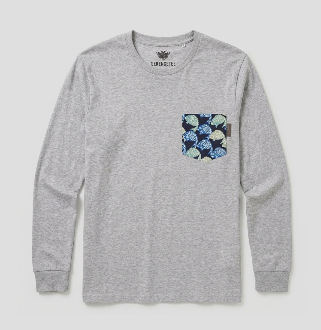 A heather gray long-sleeve t-shirt with a patterned chest pocket featuring blue, green, and beige ginkgo leaves, shown flat on a light gray background. The brand name 'ZEROMETEE' is visible on the inner neck label.