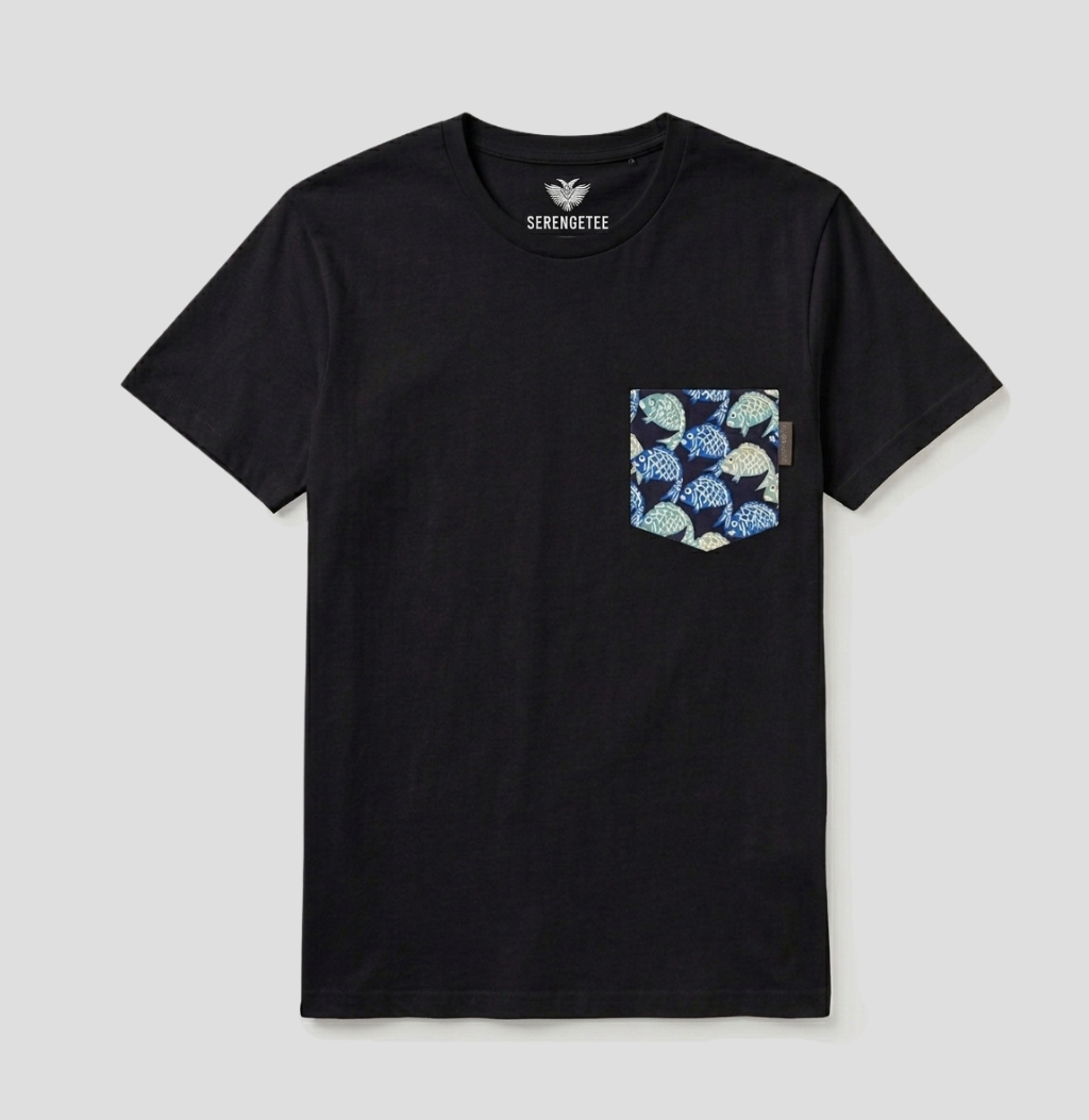 Blue and green fish on a navy background fabric pocket on a black t-shirt