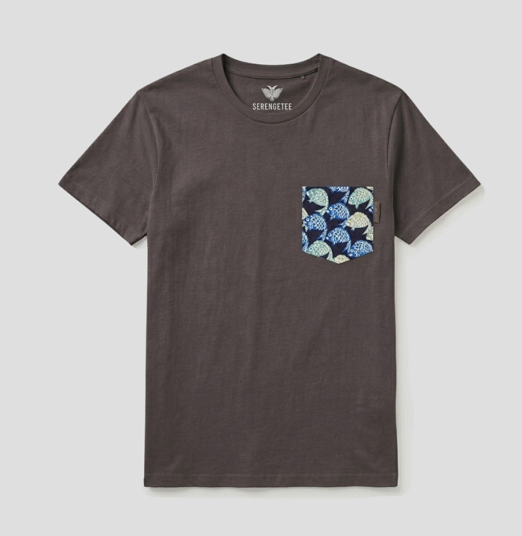 Blue and green fish on a navy background fabric pocket on a charcoal t-shirt