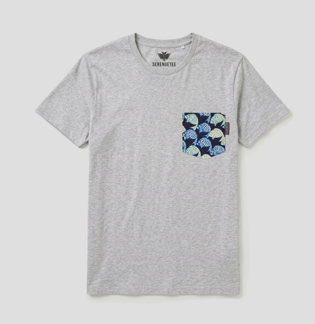 Blue and green fish on a navy background fabric pocket on a heather grey t-shirt